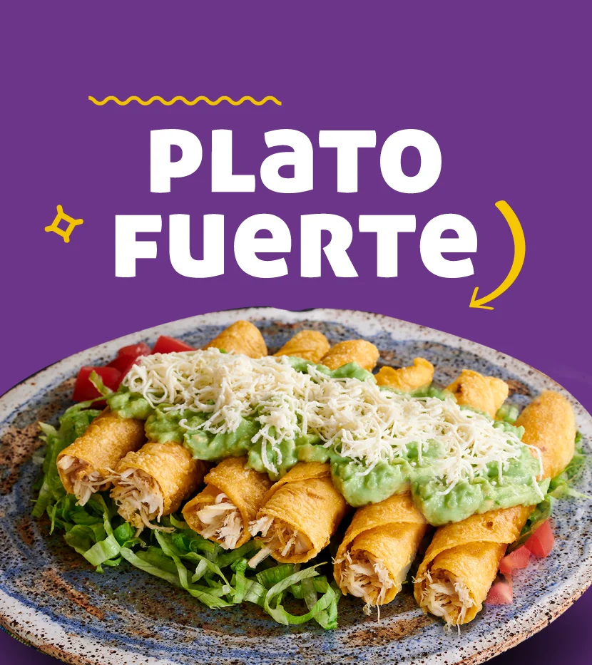Plato fuerte: flautas con guacamole, queso y tomate